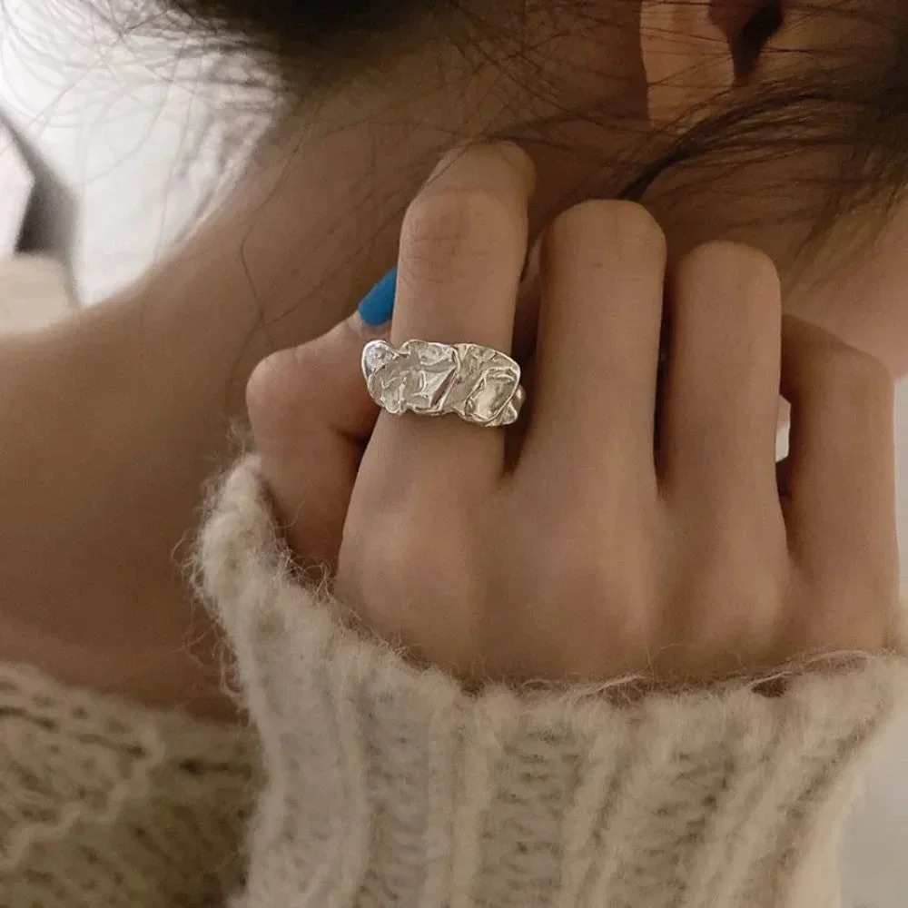 Minimalist 925 Sterling Silver Tin Foil Textured Geometric Ring